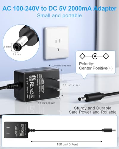 SoulBay 5V 2A Power Supply Adapter 10W AC100-240V to DC 5 Volt 2Amp Versatile Charger Cord with 8 Plugs for USB Hub TV Box Tablet Camera Speaker GPS Webcam Router and More 5vdc Electronics, 5FT
