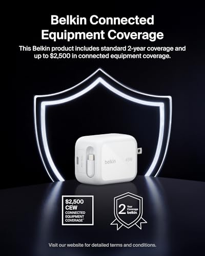 Belkin Wall GaN Charger 45W w/ 2.6ft Retractable USB C Cable & USB C Port - iPhone Charger Fast Charging for iPhone 17 & 16 Series, Galaxy S26 Series, AirPods, Tablet, MacBook, Chromebook, Travel - color: White, style: 45W