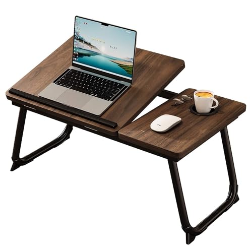 Foldable Laptop Desk for Bed, 21.6" Split Desktop Adjustable Lap Desk for Adults, 5 Tilt Angles Ergonomic Laptop Table with Cup Holder, No Assembly Portable Bed Desk for Couch, Office, Travel (Brown) - color: Brown
