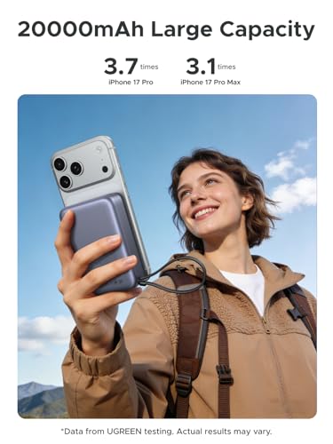 UGREEN 20000mAh Wireless Power Bank with 30W PD Fast Charging and Qi2 15W, Portable Battery Pack for iPhone with Built-in USB-C Cable, External Portable Battery Compatible with iPhone 17/16/15, Galaxy