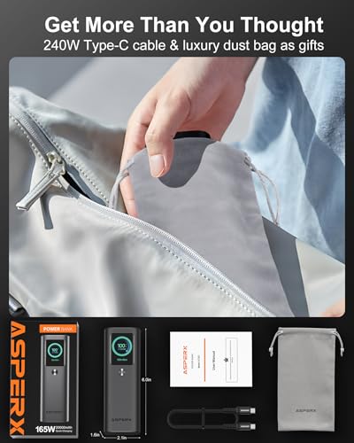 AsperX Laptop Power Bank, 165W 20,000mAh, Retractable Cables, Aluminum Alloy Unibody Portable Charger Power Bank, Battery Bank for MacBook Pro/Air/iPhone 17/iPad Pro/S25 Ultra/Dell/HP(TSA-Approved) - color: Grey