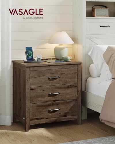VASAGLE LIRY Collection - Farmhouse Nightstand with Charging Station, Set of 2, Bedside Tables, Side End Tables with 3 Drawers, for Bedroom, Taupe Brown ULET979T01 - color: Taupe Brown, size: 2 PACK, style: 23.6"W x 24.8"H With 3 Drawers