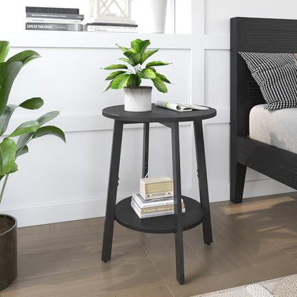 sthmec Side Table Set of 2, Small Round End Table with Storage Shelf for Small Space, 2-Tier Black Bedside Table Sofa Couch Table, Nighstands Set of 2 Accent Table for Living Room, Bedroom, Black - color: Black