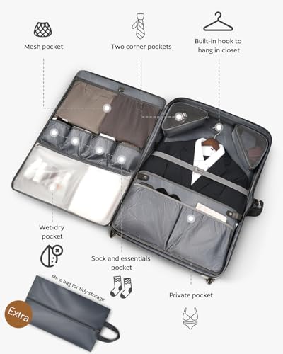 AUROTIER Rolling Garment Bags for Travel, Built-in Hanging Feature, Wheeled Business Suitcase with 17 Inch Laptop Compartment, Lockable Carry on Luggage for Men and Women with Wheels, Black Black
