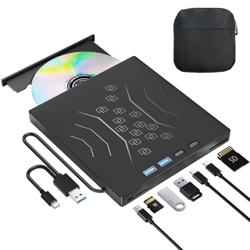 Wbacon 7 in 1 External CD/DVD Drive for Laptop, USB 3.0 & Type-C & 2 TF/SD | Portable CD DVD +/-RW Disk Drive, DVD Player Burner Reader Writer for Laptop Desktop PC Windows 11/10/8/7/XP Mac Linux (Bag) - style: External DVD Drive +Bag