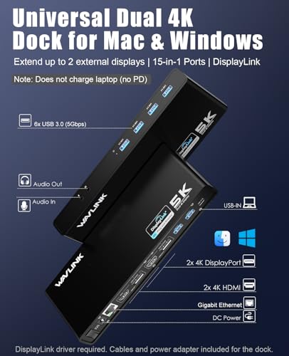 WAVLINK Displaylink Docking Station Dual 4K@60Hz Monitor for Mac, Windows | Universal For USB 3.0/USB-C Laptop, 2 HDMI/DP, Gigabit Ethernet, USB 3.0, Ideal for Home, Office & Multi-Screen Productivity.