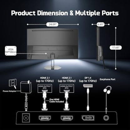 Hikers 27 Inch Curved Monitor 170Hz 144Hz, 2K 1440P Computer Gaming Monitor with HDMI 2.1×2 DP 1.4×1, AI CrossHair Fast VA 4000:1 Contrast, for FPS Games and Work (G27H1Q, Includes One HDMI 2.1 Cable) - size: 27 inch
