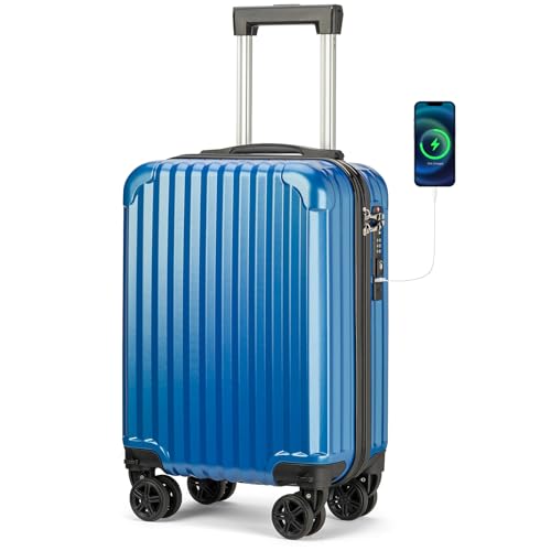 Personal Item Suitcase 18x14x8 Inches Hardside Built In TSA Lock & USB Port Lightweight Luggage Silent Double Spinner Wheels Maximum Underseat Carry-On Bag For Spirit and Frontier (Royal Blue) - color: Royal Blue