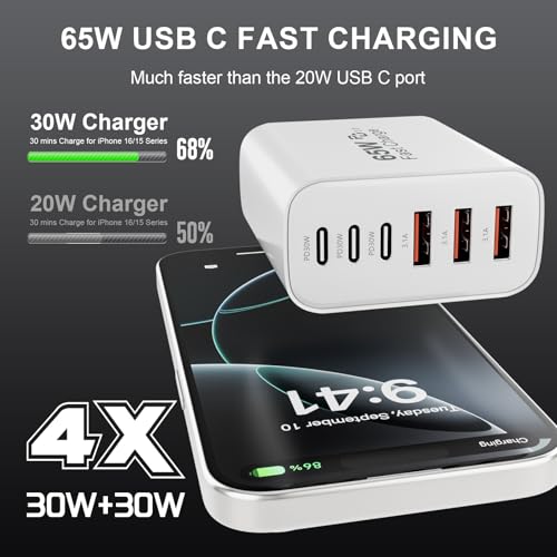 USB C Wall Charger Block, 65W GaN 6-Port Fast Charging PD +QC Block | PD USB C Adapter+QC Plug Compatible with iPhone iPhone 17/17 Plus/17 Pro Max/16/16 Plus/16 Pro Max/15 Pro Max/iPad Pro/14/13