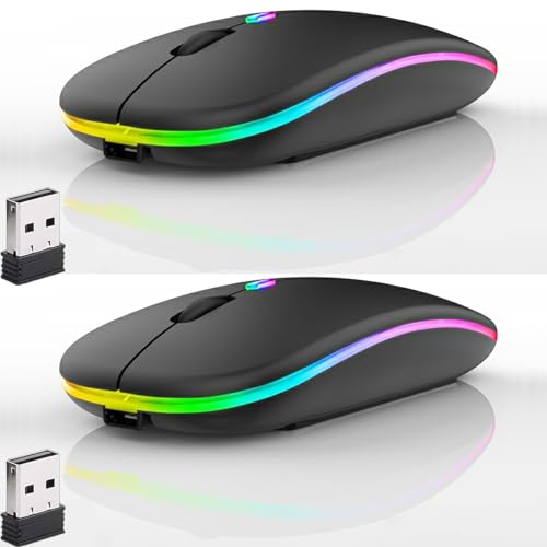 2 Pack LED Wireless Mouse, Slim Silent Dual-Mode 2.4G+BT Rechargable Portable Mobile Optical Office 7-Color Mouse with USB Receiver, 3 Adjustable DPI Levels for Notebook, Computer, MacBook (Black) - color: 2 Pack black