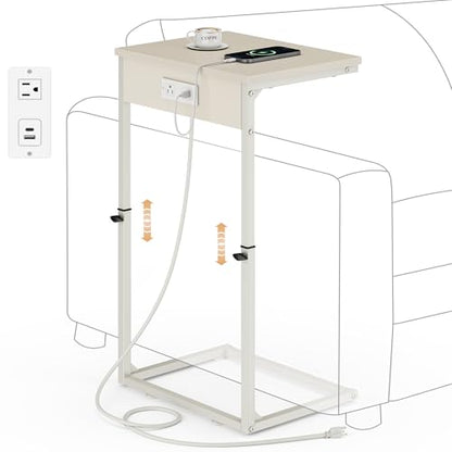 C Shaped End Table with Charging Station, Adjustable Height Side Table for Couch, Small Side Table, 33.2'' Tall Couch Tables that Slide Under, Tv Tray End Table for Living Room, Beige - color: Beige (1 Pack), style: With Plug