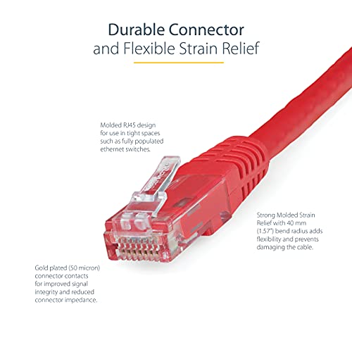 StarTech 3ft CAT6 Ethernet Cable - Red CAT 6 Gigabit Ethernet Wire -250Mhz 100W PoE RJ45 UTP Molded Network Patch Cord with Strain Relief (C6PATCH3RD) | 250MHz bandwidth, Gold-plated RJ45, Patch Cable, Ethernet Cord, UTP Molded Network, Strain Relief, 10G