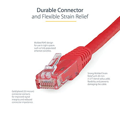 StarTech 3ft CAT6 Ethernet Cable - Red CAT 6 Gigabit Ethernet Wire -250Mhz 100W PoE RJ45 UTP Molded Network Patch Cord with Strain Relief (C6PATCH3RD) | 250MHz bandwidth, Gold-plated RJ45, Patch Cable, Ethernet Cord, UTP Molded Network, Strain Relief, 10G
