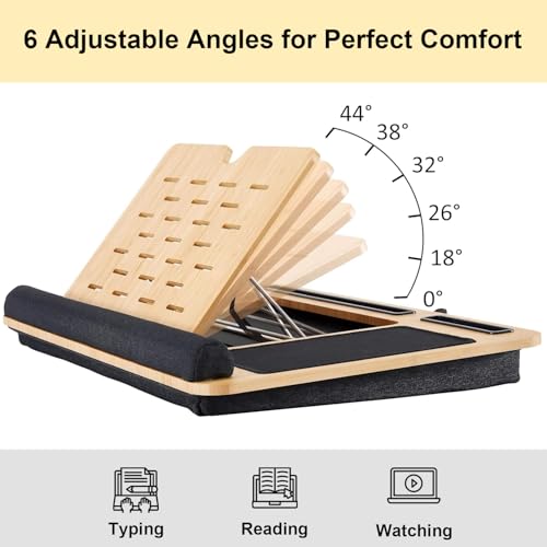 Foldable Wooden Laptop Stand for Desk – Adjustable & Portable Lapdesk with Cushion – Ergonomic Wood Laptop Riser with Storage Shelf for Home, Office & Travel – Fits Up to 16-Inch Laptops