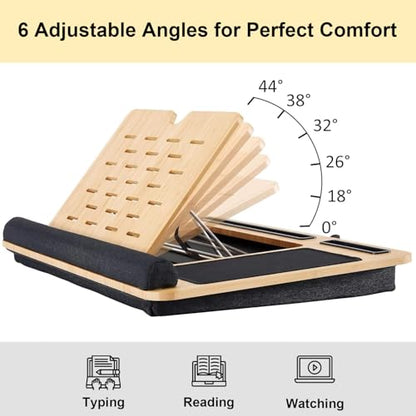 Foldable Wooden Laptop Stand for Desk – Adjustable & Portable Lapdesk with Cushion – Ergonomic Wood Laptop Riser with Storage Shelf for Home, Office & Travel – Fits Up to 16-Inch Laptops
