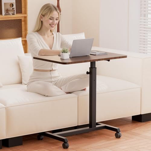 GTPLAYER Small Standing Desk, 24 Inches Foldable Mobile Rolling Laptop PC Table with Lockable Casters, Adjustable Height Overbed Bedside Table Computer Workstation for Home Office, Dark Brown-Foldable - color: Dark Brown-foldable