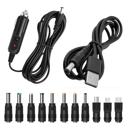 Craedli 12V Car Charger with 5V DC Power Cable, DC 5.5x2.1mm Cigarette Lighter Plug Power Cord with 11 Connectors, Universal Plug Charger Cable for DVD Player, GPS, Camera, Bluetooth Speaker(Black)