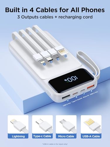 Power Bank, Portable Charger with Built in Cable 22.5W Fast Charging Battery Pack 10000mAh Slim 6 Outputs 3 Inputs LED Display Phone Charger for iPhone Samsung Pixel Moto iPad Travel Essential Gift - color: White