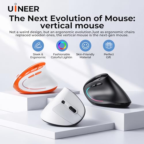 Uineer Ergonomic Wireless Vertical Mouse, 3-Mode Bluetooth 5.0/4.0 & 2.4GHz | Rechargeable, USB-A Receiver, Silent Computer Mouse for Laptop, Mac, iPad and PC, 4 DPI Levels, LED Light, 3-Device Switching