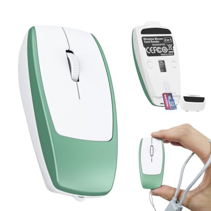 FMOUSE Mini 2-in-1 Wireless Bluetooth Mouse & Micro SD Card Reader | Supports Up to 2TB | Rechargeable | 3.07×1.49×0.87in | Compatible with Laptop Mac iPad Tablet | Office & Students | Green - color: Green / Without TF Card