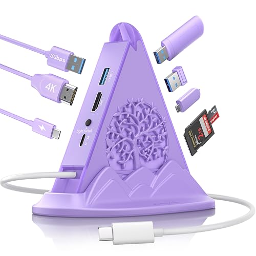 USB C Hub, Purple 8-in-1 Type C Multiport Adapter with 4K@60Hz HDMI, 100W PD, 5Gbps 1xUSB-C, 3xUSB-A 3.0, SD/TF Slots ＆ RGB Lighting, Purple USB Hub for MacBook Air/Pro, iPad, iMac, Surface - color: Light purple Tree With Base