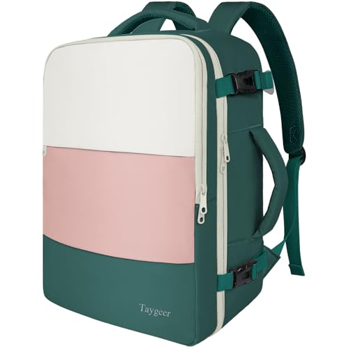 Taygeer Carry On Backpack, 35l Travel Backpack for Women Airline Approved | Cute Underseat Personal Item Travel Bag with Shoe Pouch, Casual Daypack Gifts for Friend Weekend, Beige Peacock Pink - color: Cream Pink Green, size: Large
