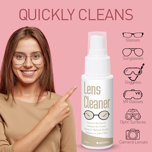 invera Eyeglass Cleaner Spray with Microfiber Cloth Kit, Lens Cleaner for Eyeglasses, Sunglasses, Camera Lenses & Electronic Screens, Gentle, Odor-Free, Compact 1.7 fl oz Lens Cleaner Spray