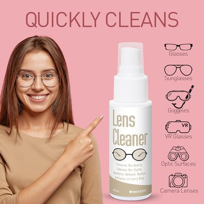invera Eyeglass Cleaner Spray with Microfiber Cloth Kit, Lens Cleaner for Eyeglasses, Sunglasses, Camera Lenses & Electronic Screens, Gentle, Odor-Free, Compact 1.7 fl oz Lens Cleaner Spray