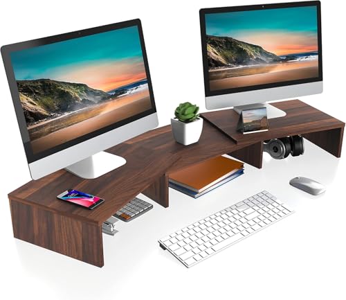 FITUEYES Dual Monitor Stand Riser, Adjustable Length and Angle, Brown | Wooden 3-Shelf Design, Supports up to 55lbs, Flexible for Standard Corner Space, Holds Monitor, Laptop, Phone, Printer - color: Brown