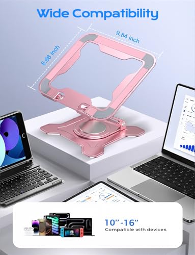 JCZT 360° Rotating Laptop Stand for Desk, Metal Foldable Laptop Riser Pink | Ergonomic Portable Adjustable Laptop Stand, Ventilated Cooling Notebook Holder for MacBook Air Pro, All 10-16'' Laptops - color: Pink