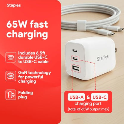 Staples TECH GaN Wall Charger, 65W – USB‑A & USB‑C Fast Charging, Includes Charging Cable, Compact Power Adapter for iPhone, Samsung, iPad & USB‑C Devices - style: 65 Watt