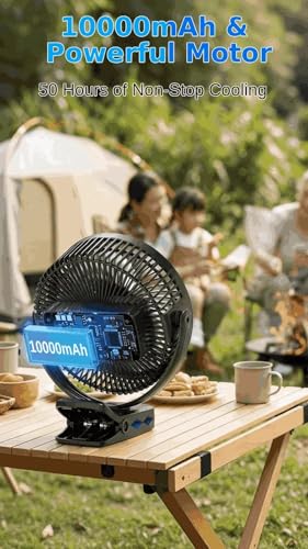 Meudeen 10000mAh Battery Operated Clip on Fan - 8 Inch Portable Timer Fan for Golf Cart - Table - 5 Speeds High-Velocity Airflow - LED Lantern - with Beach - Bedroom - Desk Fan - color: Matte Black