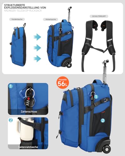 2-in-1 Detachable Rolling Backpack & Daypack, 56L Large Backpacks with Wheels Fits 17 Inch Laptop, Water Resistant, Carry On Luggage for College, Travel, Camping, Hiking Blue - color: Blue, style: Rolling Backpack