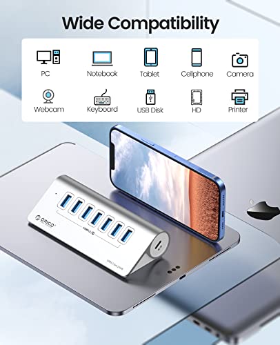 ORICO 7-Port USB 3.2 Gen2 Hub, Desktop USB 3.2 Hub with 7 USB-A Ports, 5V 3A Power Supply Port, 10Gbps Aluminium USB-Splitter with 1.64Ft USB-C to USB-A/C Cable for iMac, MacBooks, Mac mini - size: 50cm, style: M3U7