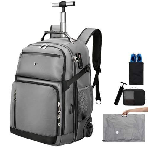 Backpack with wheels,rolling backpack with 2 Packing Cubes,compression bags for travel,Water-Resistant Carry-On Luggage,Business and Commuting (Grey) - color: Grey