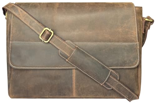 Leather Messenger Bag for Men 14" Leather Laptop Bag Vintage Crossbody Office Satchel Travel Shoulder Bag - color: Hunter Brown