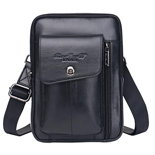 Hebetag Small Leather Sling Shoulder Bag Messenger Pack for Men Women Outdoor Travel Business - color: #03black(s)