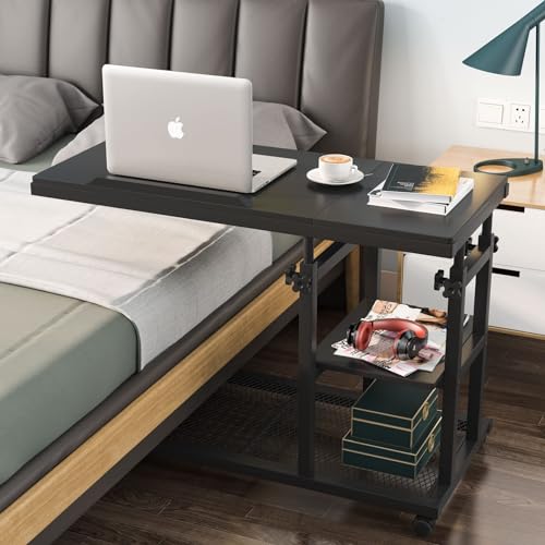 Tribesigns Height Adjustable C Table with Wheels, Mobile Couch Snack Side Table with Tiltable Drawing Board, Sofa Bedside Laptop Stand C Shaped TV Tray with Storage Shelves (Black) - color: Black