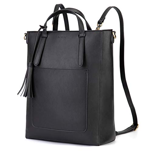 ECOSUSI Tote Bag Convertible Backpack for Women Vegan Leather Handbag Multifuction Shoulder Bag - color: Black