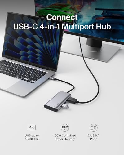 Belkin USB C Hub, 4-in-1 Multi-Port Laptop Dock with 4K HDMI, USB C Docking Station with 100 Watt Pass-Through Power Delivery, 2 X USB A Ports For MacBook Pro, Air, iPad Pro, Chromebook and More - style: 4-in-1 USB-C Hub