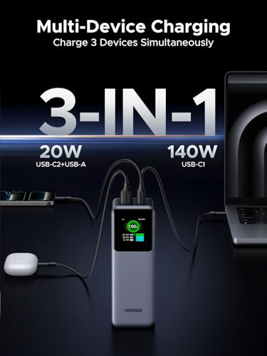 UGREEN Nexode Power Bank 25000mAh 200W Laptop Portable Charger PD 3.1 Fast Charging 90Wh 3-Port Battery Pack with TFT Smart Display for MacBook Pro/Air/ipad/iPhone 17/16/Samsung S26/Dell/HP and More