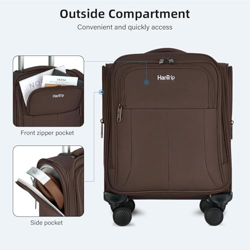 HanTrip 16 Inch Underseat Carry On Luggage with Wheels Softside Small Suitcases Personal Item Bag with Pocket Travel Luggage for Men Women Business Overnight Bag(Coffee) - color: Coffee