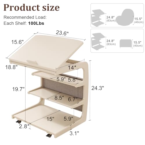 AQIMUELE Rolling Side Table, C Shaped End Table, C Table with 4 Wheels Solid Wood Small Rolling Desk with Adjustable Desktop,C Shaped End Table for Couch,Home Office(15.6" D x 23.6" W x 24.3" H) - color: White, size: 15.6"D x 23.6"W x 24.8"H, style: Moder