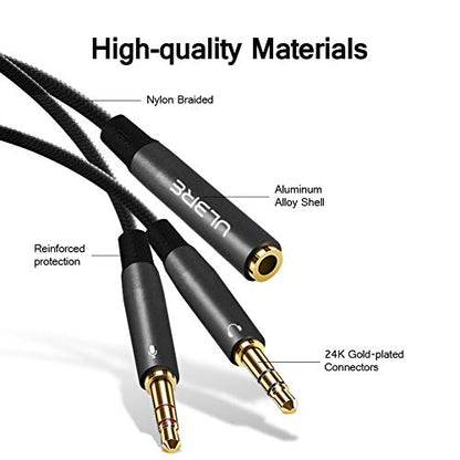 Headphone Splitter for Computer 3.5mm Female to 2 Dual 3.5mm Male Headphone Mic Audio Y Splitter Cable Microphone Stereo Jack Earphones Port Cord Gaming Headset to PC Laptop