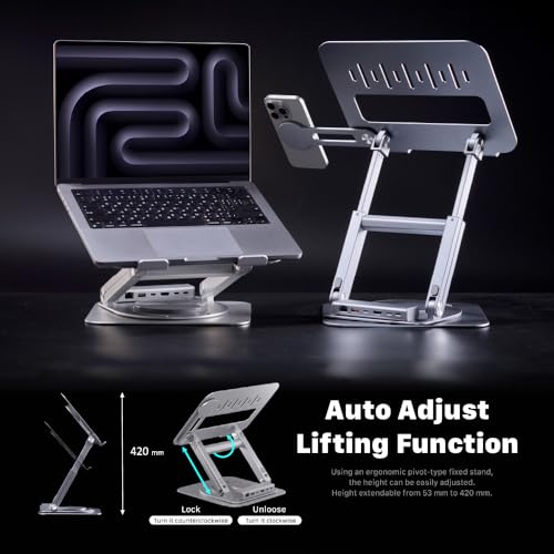 ADAM ELEMENTS Hub Stand Ultra - 6-in-1 Magnetic Detachable USB-C Hub & Ergonomic Laptop Stand, Foldable 4K HDMI Docking Station for MacBook Pro/Air M4 M3 M2 M1, iPad & 17" Laptops - color: Gray