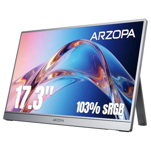 ARZOPA 17.3" Portable Monitor Gray, 1080P FHD IPS 103% sRGB - Z1C Plus | Laptop Gaming Monitor with Built-in Kickstand HDMI USB C External Screen for PC Mac Phone Xbox PS5 - color: Gray, size: 17.3", style: Z1C PLUS
