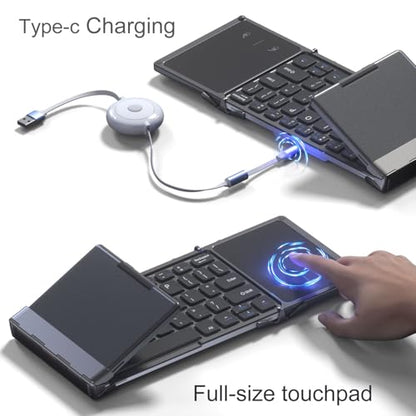 ROCK&ROWN Foldable Bluetooth Keyboard with Full-Size Touchpad,Portable Wireless Ultra Slim Pocket-Size Keyboard,USB-C Rechargeable for Android Windows iOS Tablet & Laptop - Black