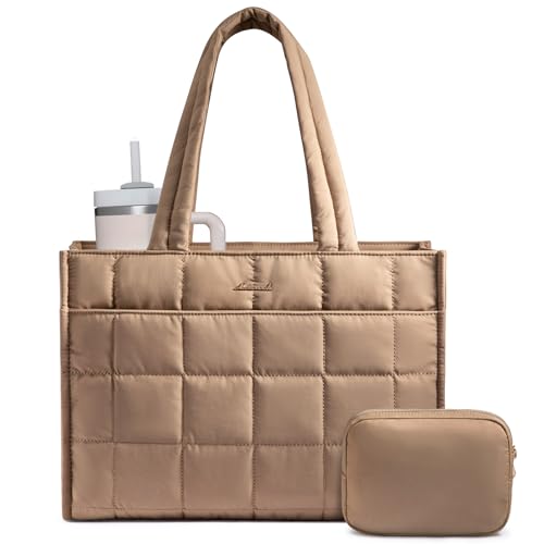 LOVEVOOK Tote Bag for Women, Puffer Work Handbag 17 Inch Laptop Purse for Nurse Teacher, Large Quilted Travel Tote Shoulder Bag with Zipper for College Office Clinical Gym, Black - color: Khaki, size: 17.3 inch