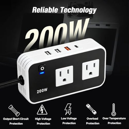 200W Car Power Inverter, DC 12V to 110V AC Car Plug Adapter Outlet with [20W USB-C], USB-Fast Charger[18W], 4.8A Dual USB Car Charger for Laptop, Black - color: Black
