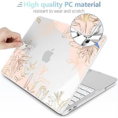 MEEgoodo 4-in-1 Printed Case for MacBook Neo 13 inch 2026 Release Model A3404, Laptop Hard Shell Cases with Keyboard Skin & Screen Protector & Webcam Covers, Gold Flowers Lilies - color: Gold Flowers Lilies